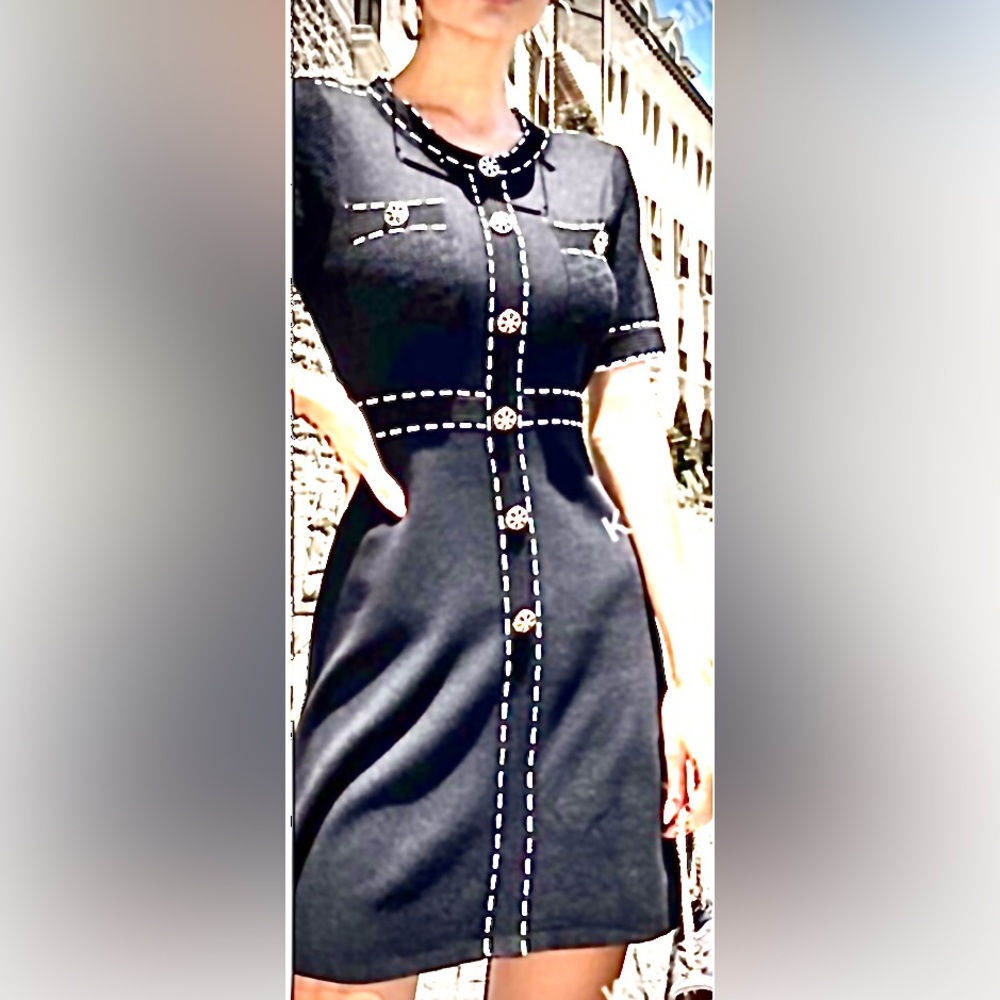 NWOT BEAUTIFUL KNIT DRESS WITH WHITE STITCHING AND UNIQUE BUTTONS!